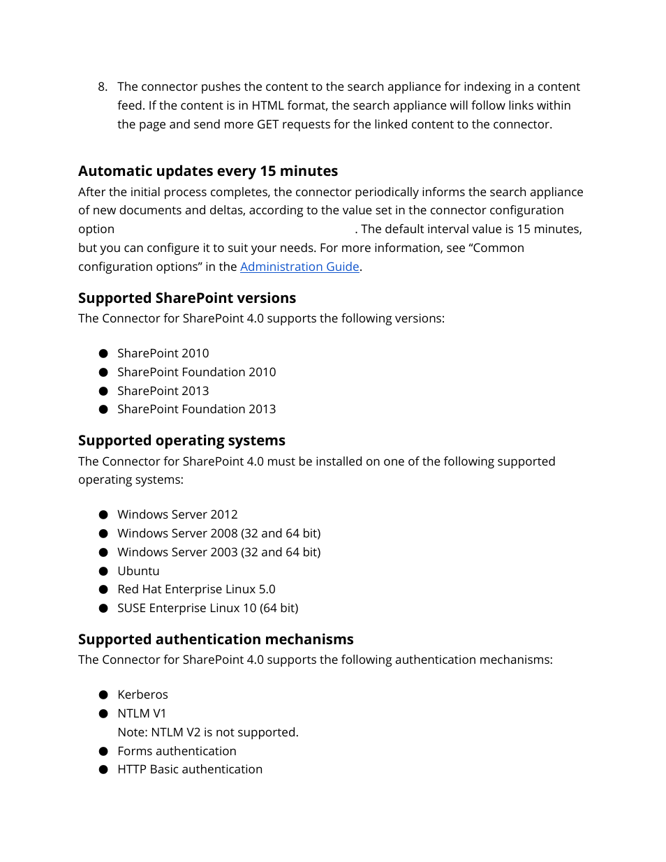 Automatic updates every 15 minutes, Supported sharepoint versions, Supported operating systems for the connector | Supported authentication mechanisms | Google Search Appliance Connectors Deploying the Connector for SharePoint User Manual | Page 5 / 14