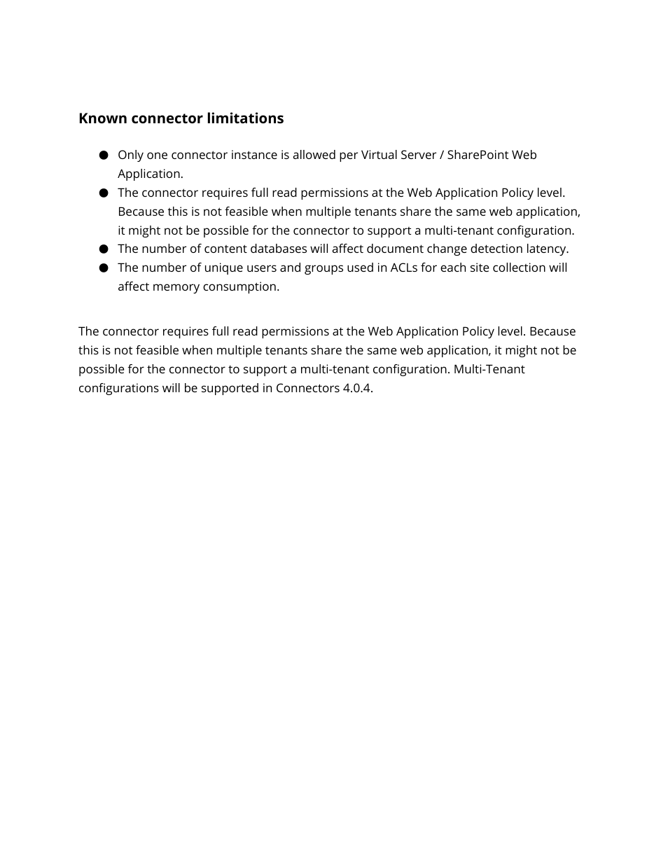 Known connector limitations, Multi-tenant configurations | Google Search Appliance Connectors Deploying the Connector for SharePoint User Manual | Page 6 / 14