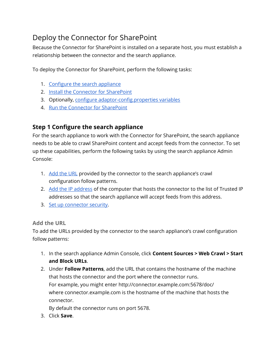 Deploy the connector for sharepoint, Step 1 configure the search appliance, Add the url | Google Search Appliance Connectors Deploying the Connector for SharePoint User Manual | Page 8 / 14
