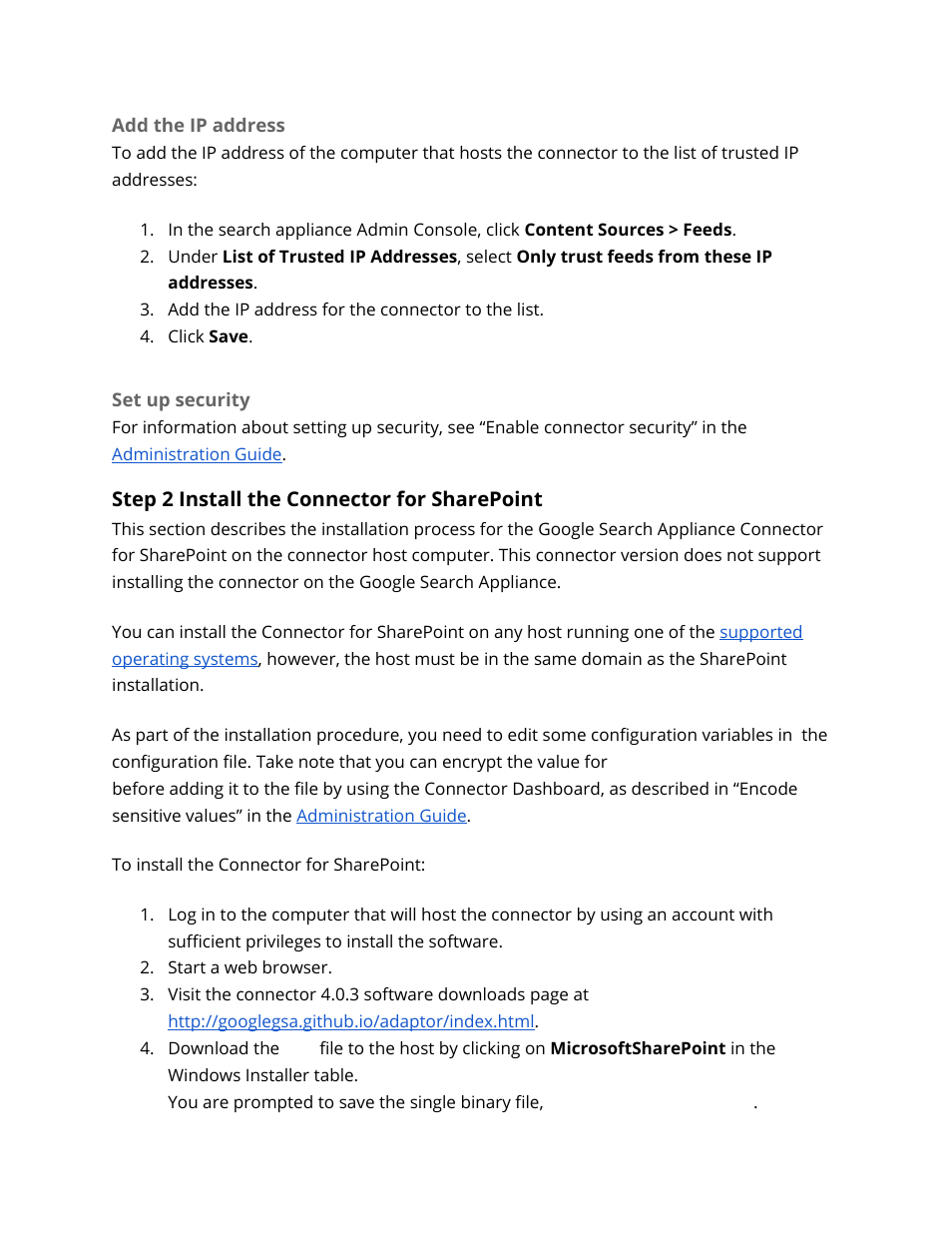 Add the ip address, Set up security, Step 2 install the connector for sharepoint | Step 2 install the connector, For sharepoint, Install the connector for sharepoint, Set up connector security | Google Search Appliance Connectors Deploying the Connector for SharePoint User Manual | Page 9 / 14