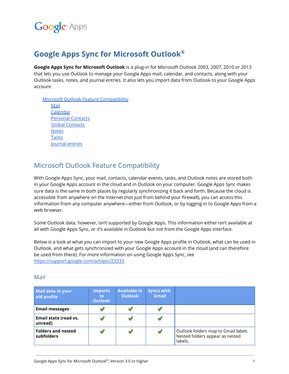 Google Apps Sync for Microsoft Outlook User Manual | 7 pages