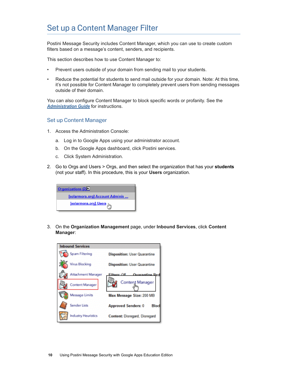 Set up a content manager filter | Google Postini Message Security Using Postini with Google Apps Education Edition User Manual | Page 10 / 22