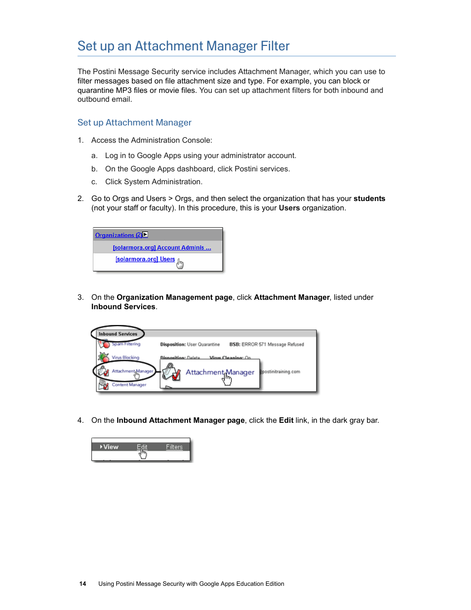 Set up an attachment manager filter | Google Postini Message Security Using Postini with Google Apps Education Edition User Manual | Page 14 / 22