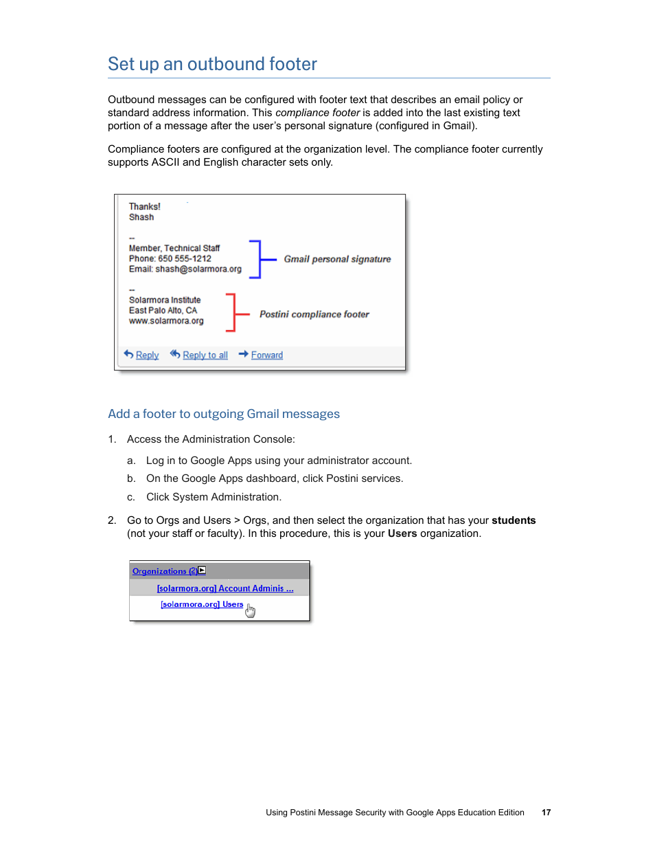 Set up an outbound footer | Google Postini Message Security Using Postini with Google Apps Education Edition User Manual | Page 17 / 22