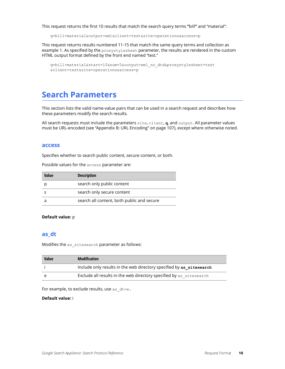 Search parameters, Access, As_dt | Google Search Appliance Protocol Reference User Manual | Page 10 / 116