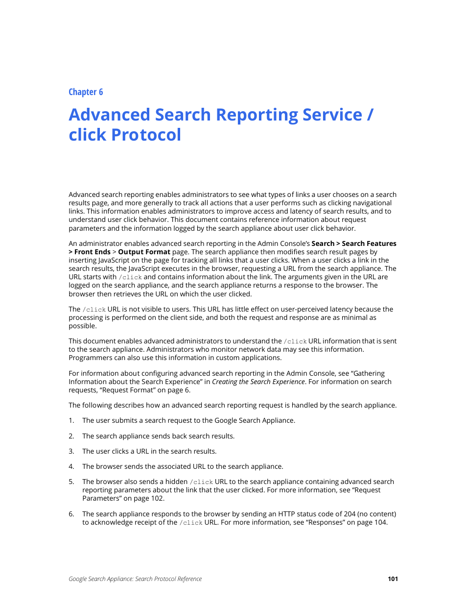 Advanced search reporting service / click protocol, Chapter 6, Advanced search reporting service /click protocol | Google Search Appliance Protocol Reference User Manual | Page 101 / 116