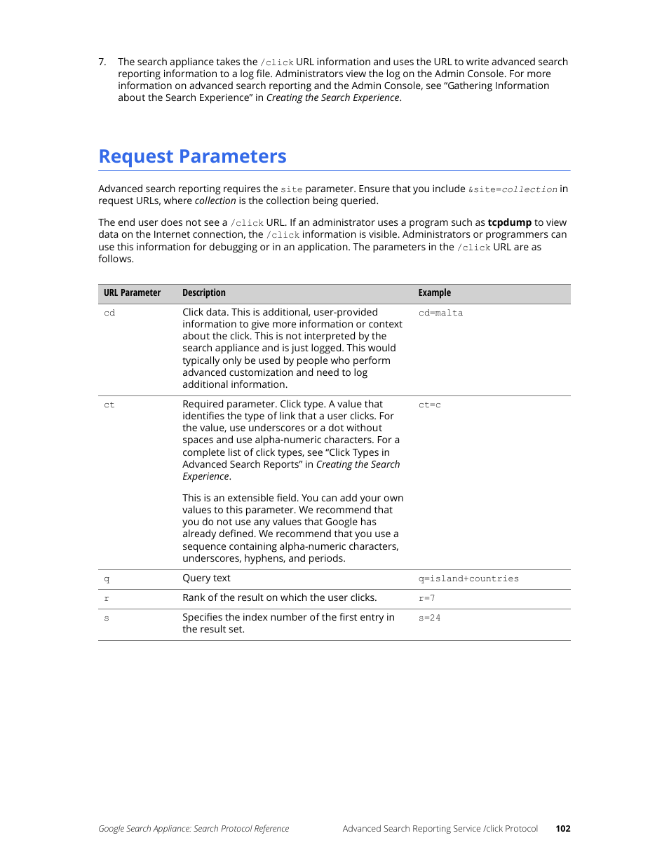 Request parameters | Google Search Appliance Protocol Reference User Manual | Page 102 / 116