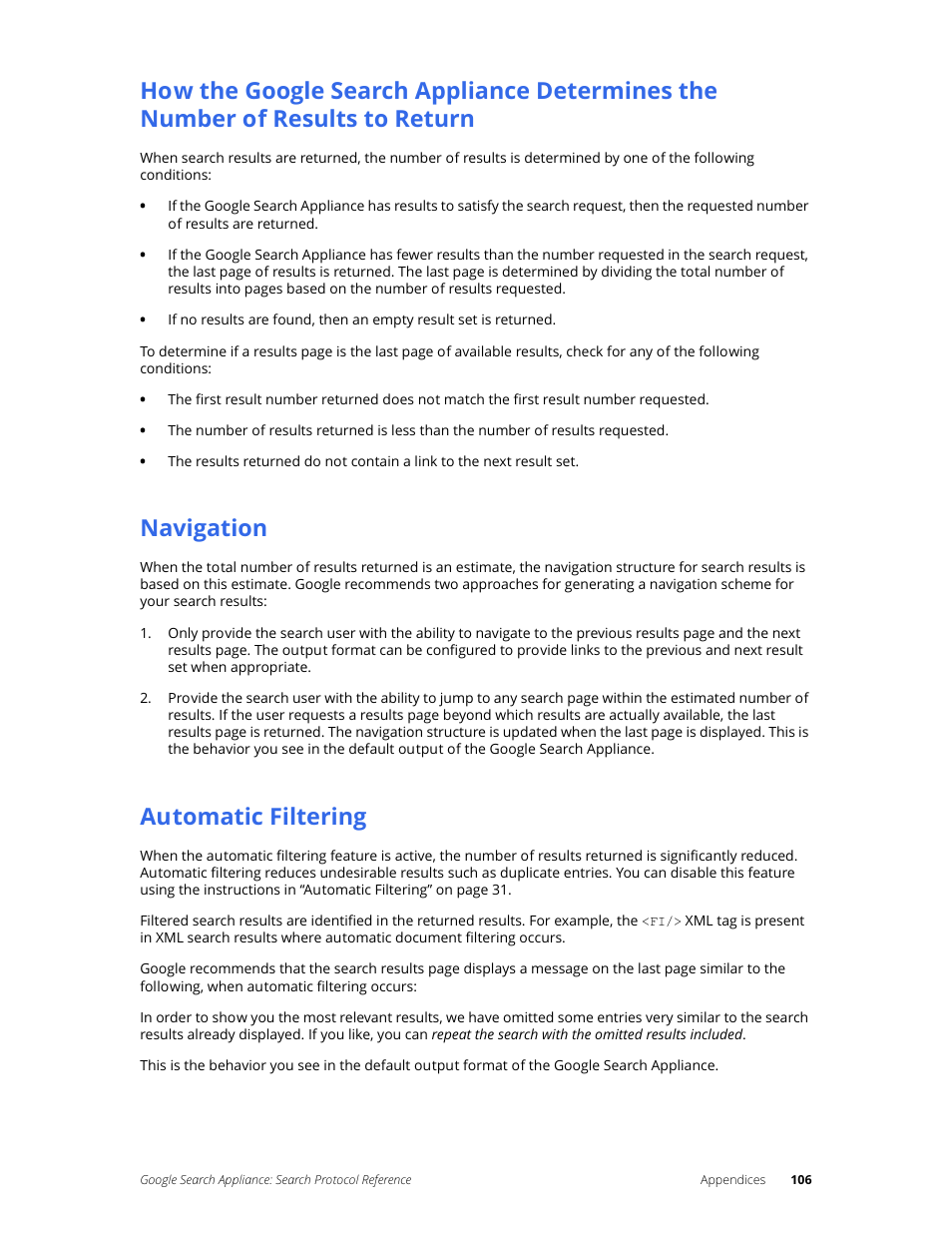 Navigation, Automatic filtering | Google Search Appliance Protocol Reference User Manual | Page 106 / 116