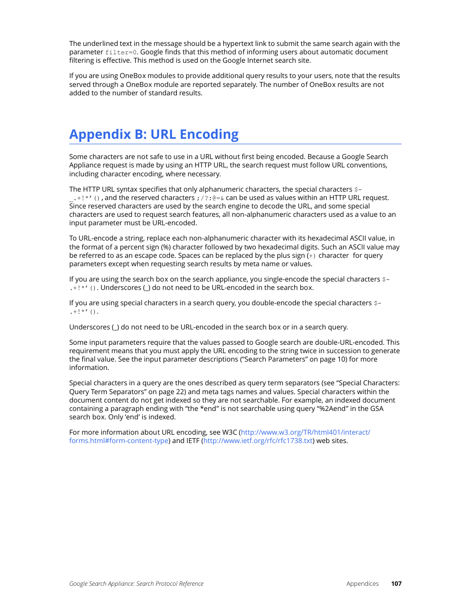 Appendix b: url encoding | Google Search Appliance Protocol Reference User Manual | Page 107 / 116