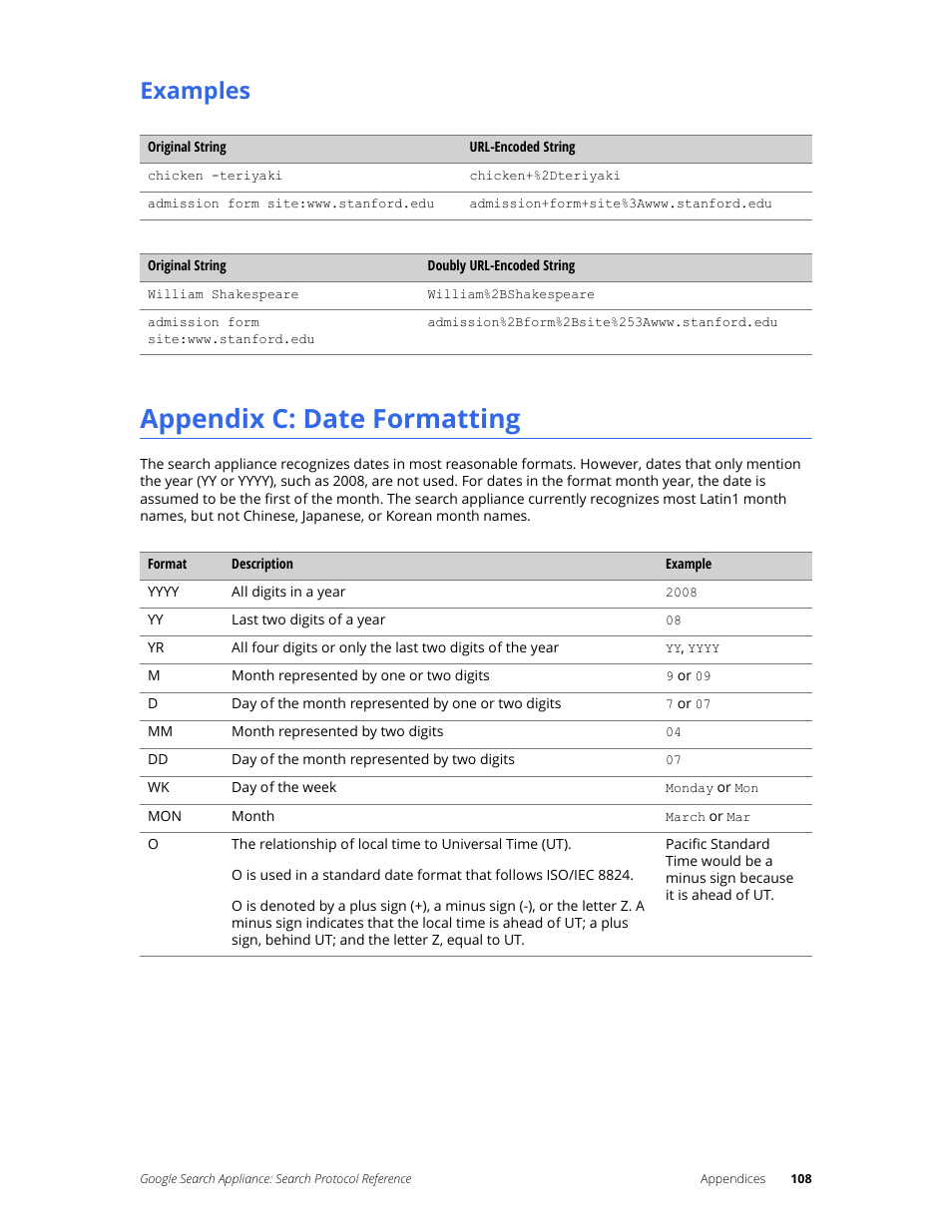 Examples, Appendix c: date formatting | Google Search Appliance Protocol Reference User Manual | Page 108 / 116