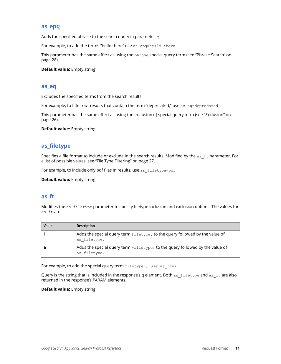 As_epq, As_eq, As_filetype | As_ft | Google Search Appliance Protocol Reference User Manual | Page 11 / 116