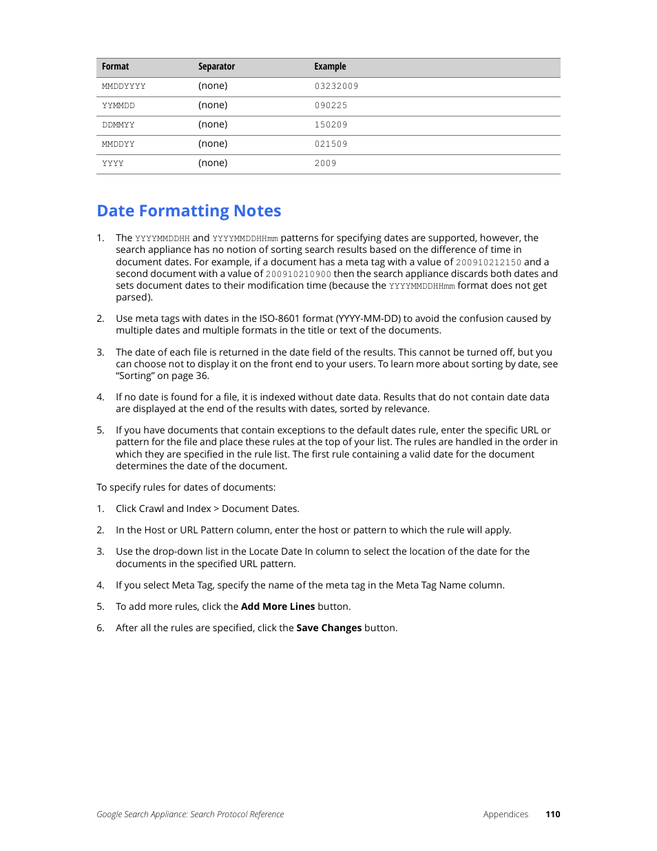 Date formatting notes | Google Search Appliance Protocol Reference User Manual | Page 110 / 116