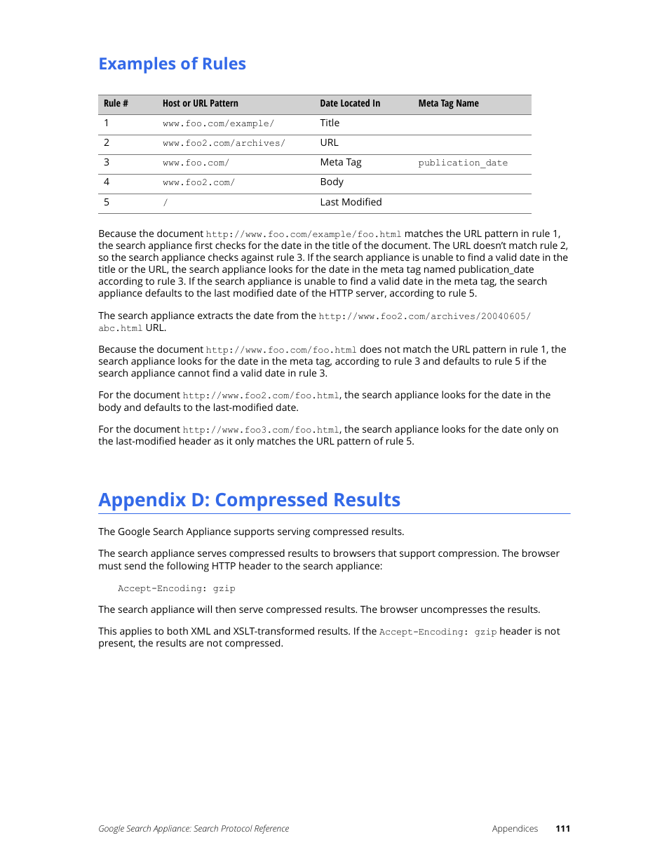 Examples of rules, Appendix d: compressed results | Google Search Appliance Protocol Reference User Manual | Page 111 / 116