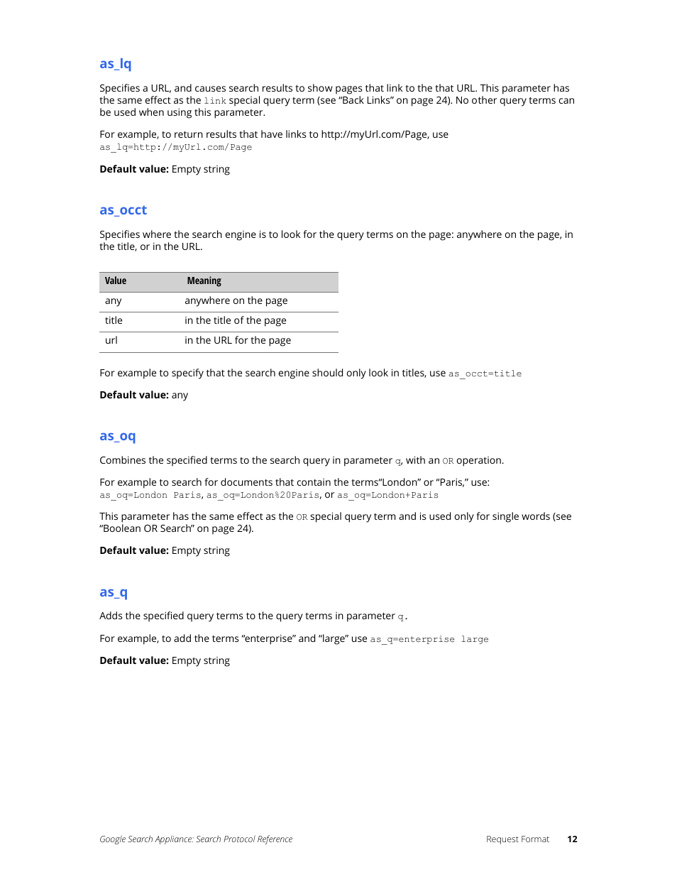 As_lq, As_occt, As_oq | As_q | Google Search Appliance Protocol Reference User Manual | Page 12 / 116