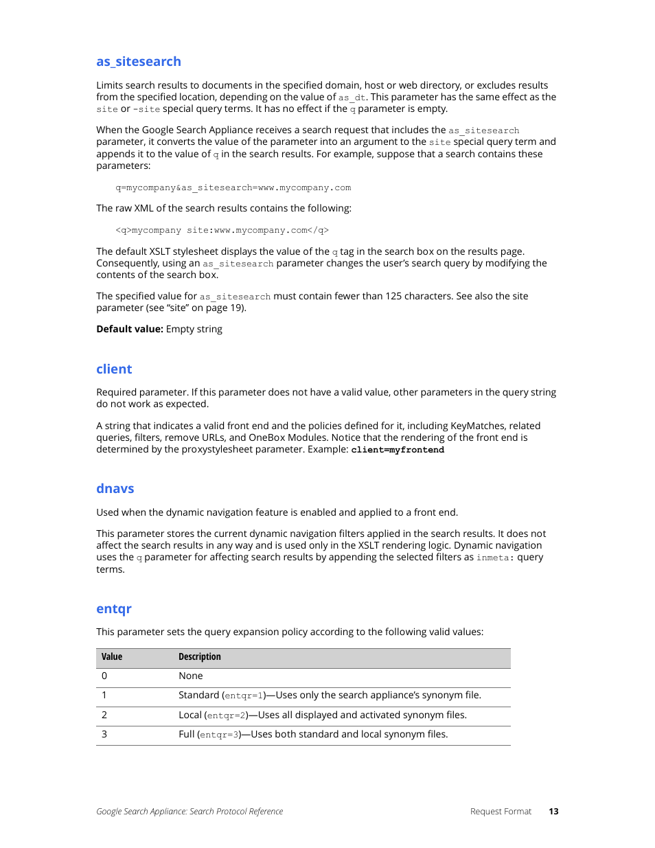 As_sitesearch, Client, Dnavs | Entqr | Google Search Appliance Protocol Reference User Manual | Page 13 / 116