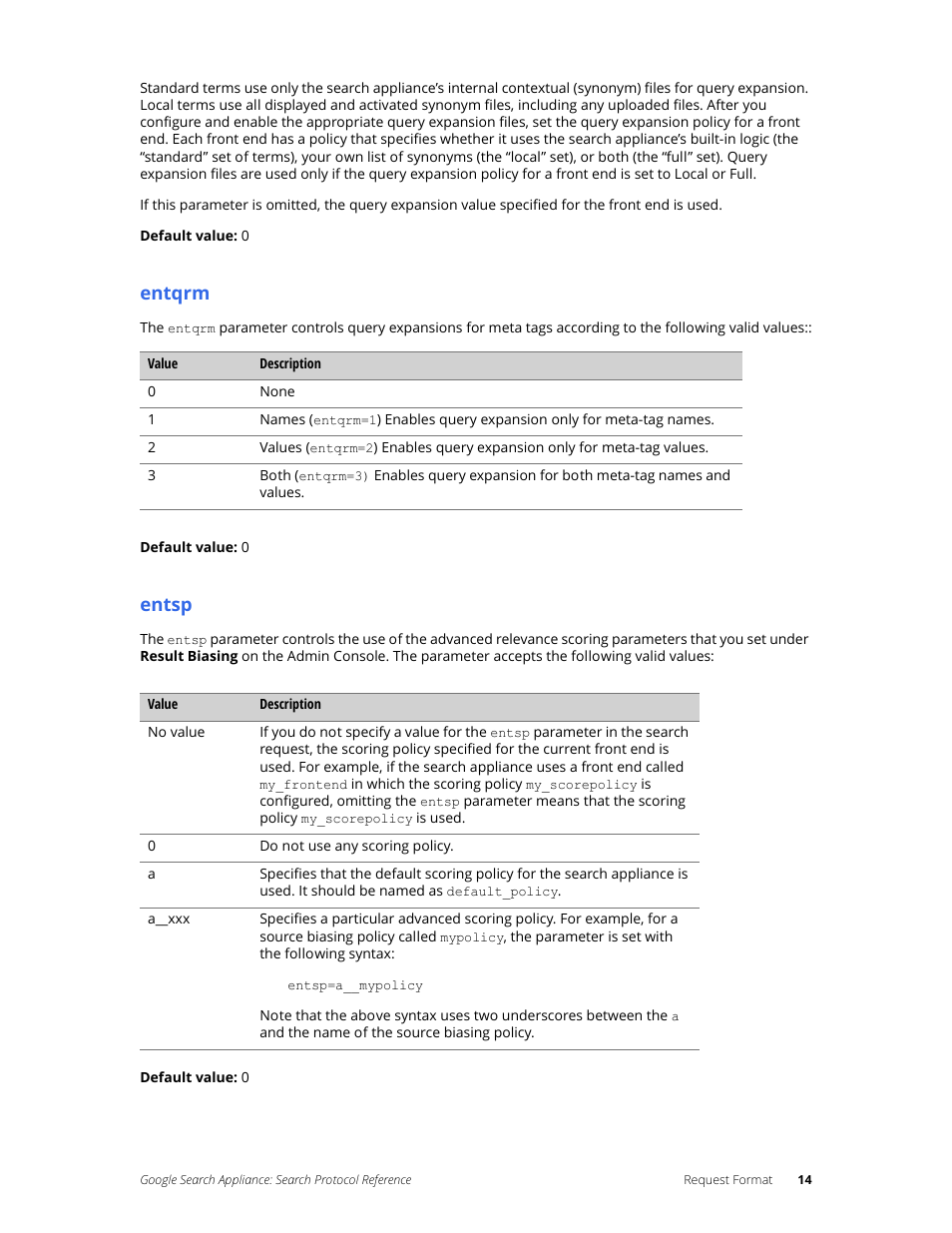 Entqrm, Entsp | Google Search Appliance Protocol Reference User Manual | Page 14 / 116