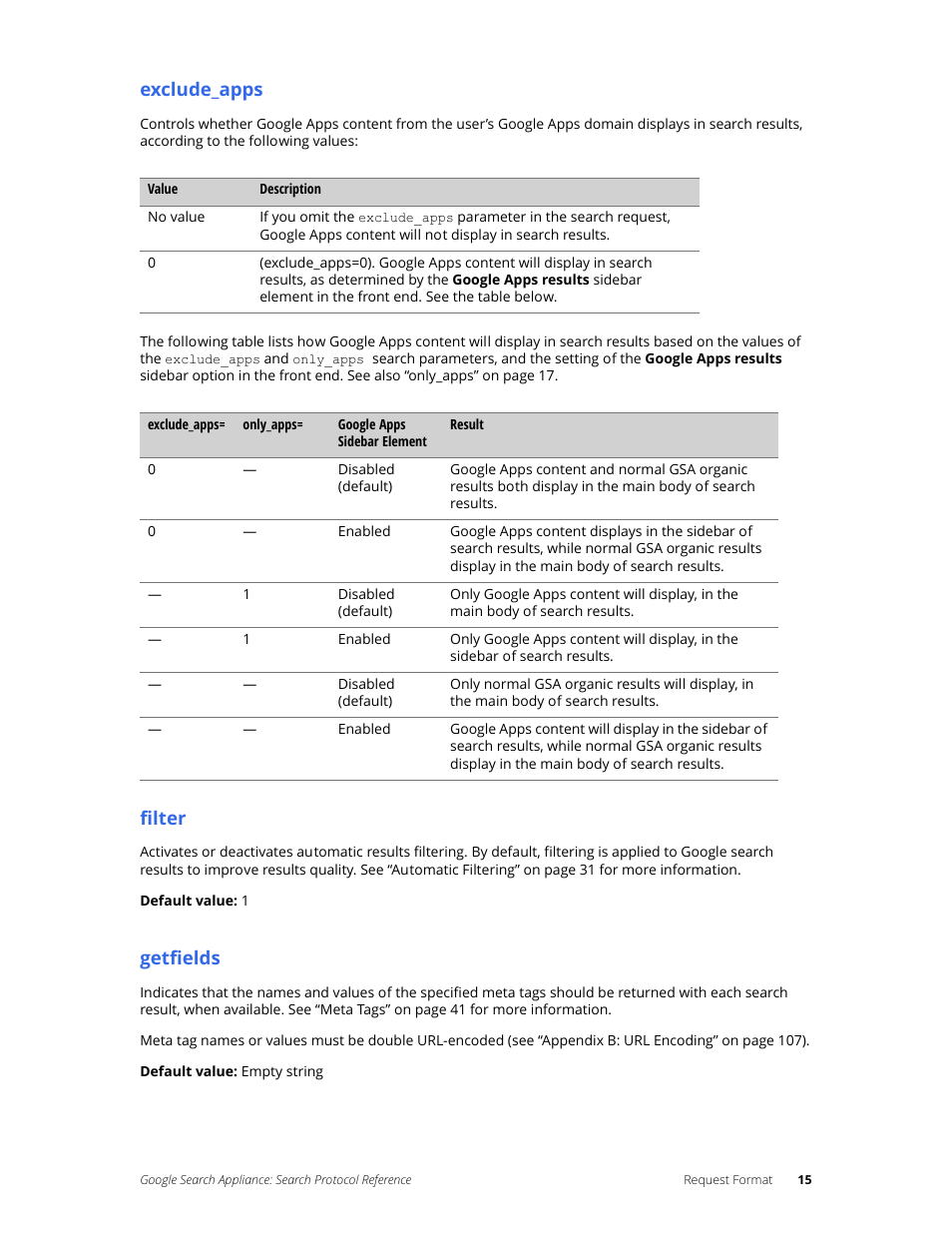 Exclude_apps, Filter, Getfields | Google Search Appliance Protocol Reference User Manual | Page 15 / 116