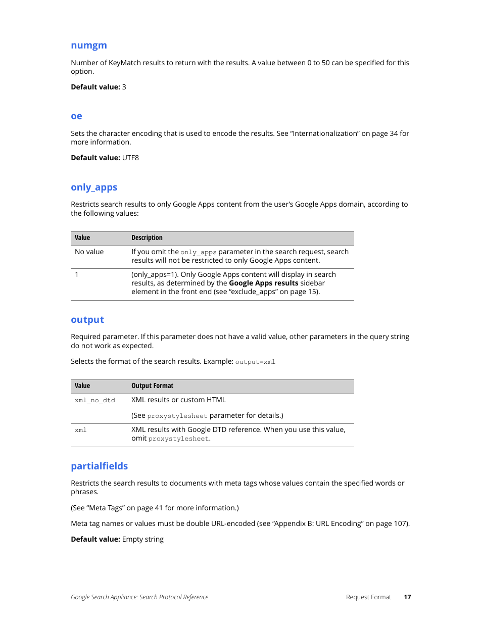 Numgm, Only_apps, Output | Partialfields | Google Search Appliance Protocol Reference User Manual | Page 17 / 116