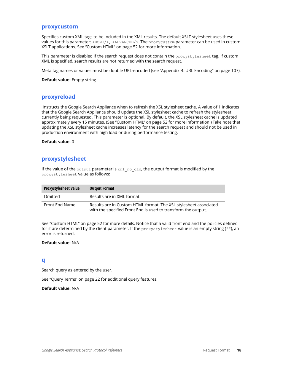 Proxycustom, Proxyreload, Proxystylesheet | Google Search Appliance Protocol Reference User Manual | Page 18 / 116