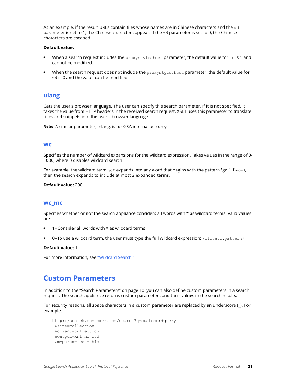 Custom parameters, Ulang, Wc_mc | Google Search Appliance Protocol Reference User Manual | Page 21 / 116