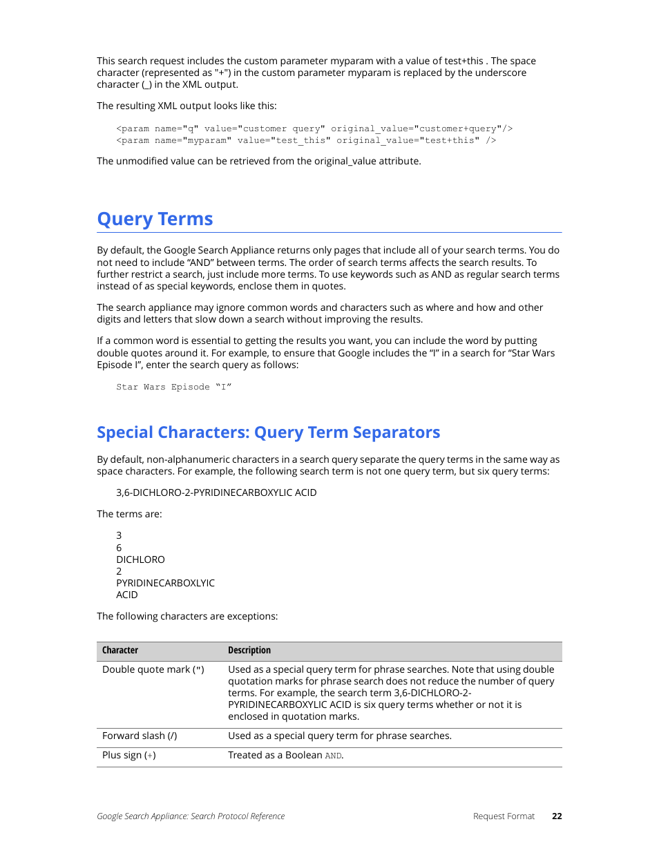 Query terms, Special characters: query term separators | Google Search Appliance Protocol Reference User Manual | Page 22 / 116
