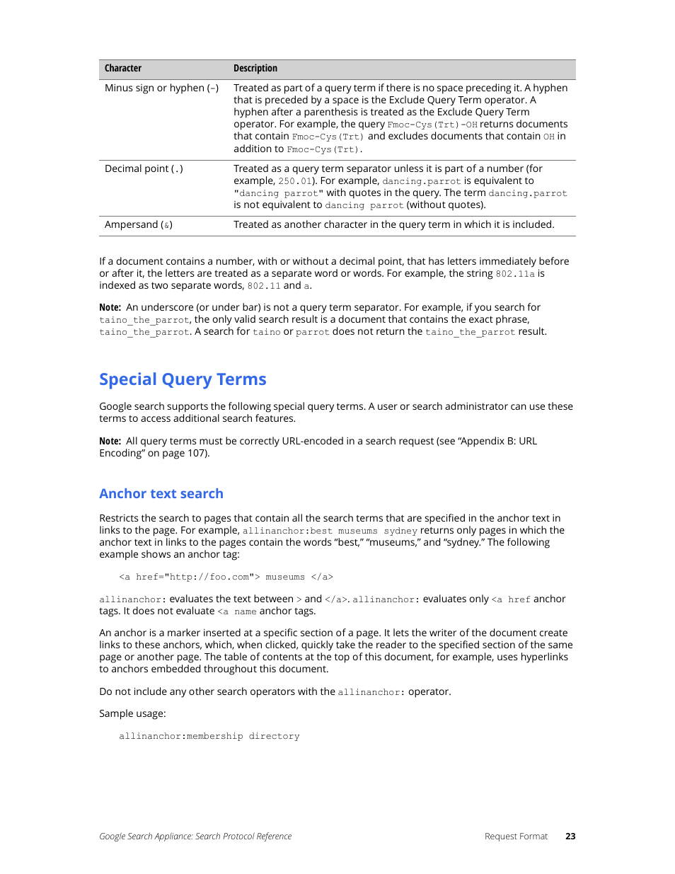 Special query terms, Anchor text search | Google Search Appliance Protocol Reference User Manual | Page 23 / 116