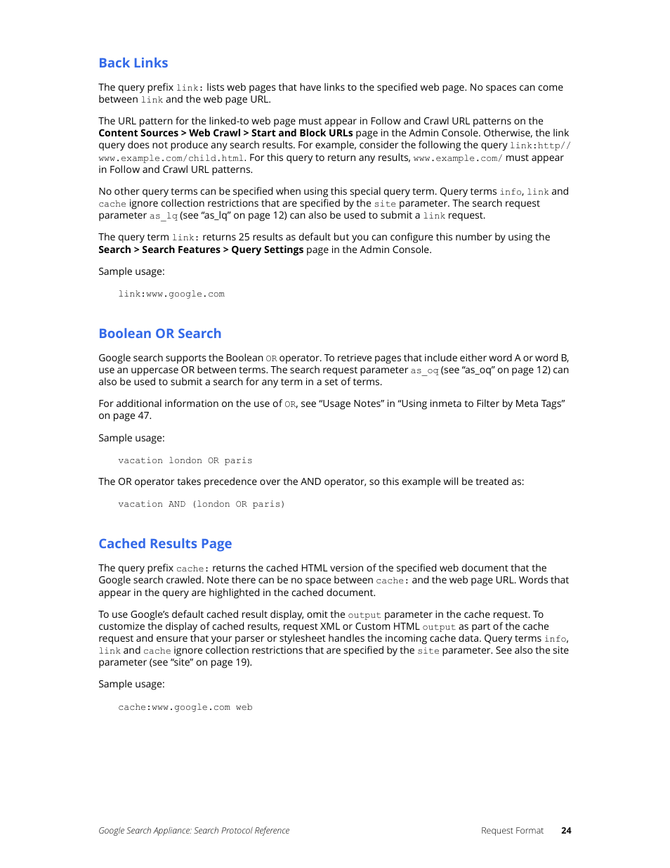 Back links, Boolean or search, Cached results page | Google Search Appliance Protocol Reference User Manual | Page 24 / 116