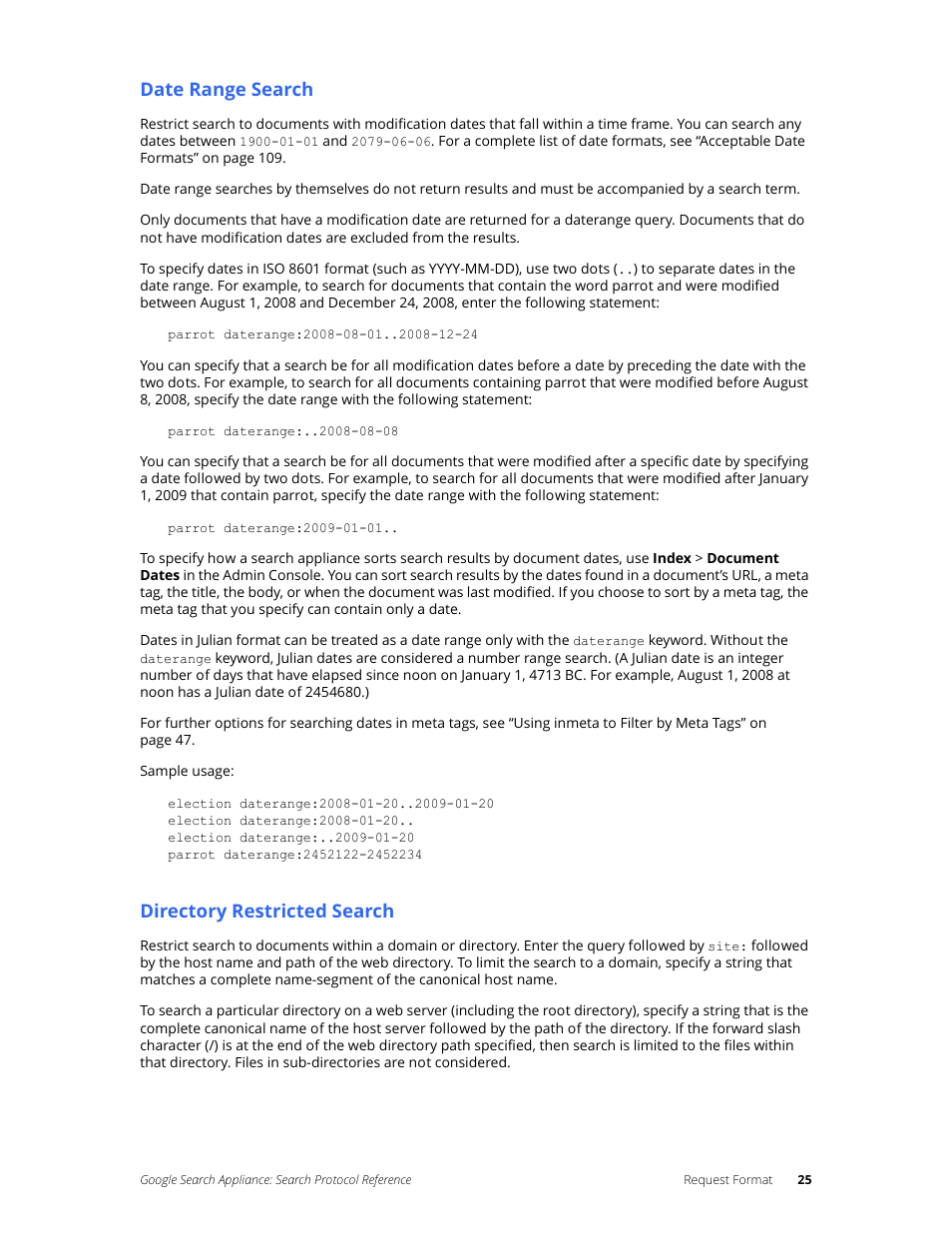 Date range search, Directory restricted search | Google Search Appliance Protocol Reference User Manual | Page 25 / 116