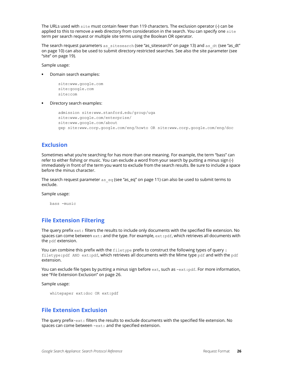 Exclusion, File extension filtering, File extension exclusion | Google Search Appliance Protocol Reference User Manual | Page 26 / 116