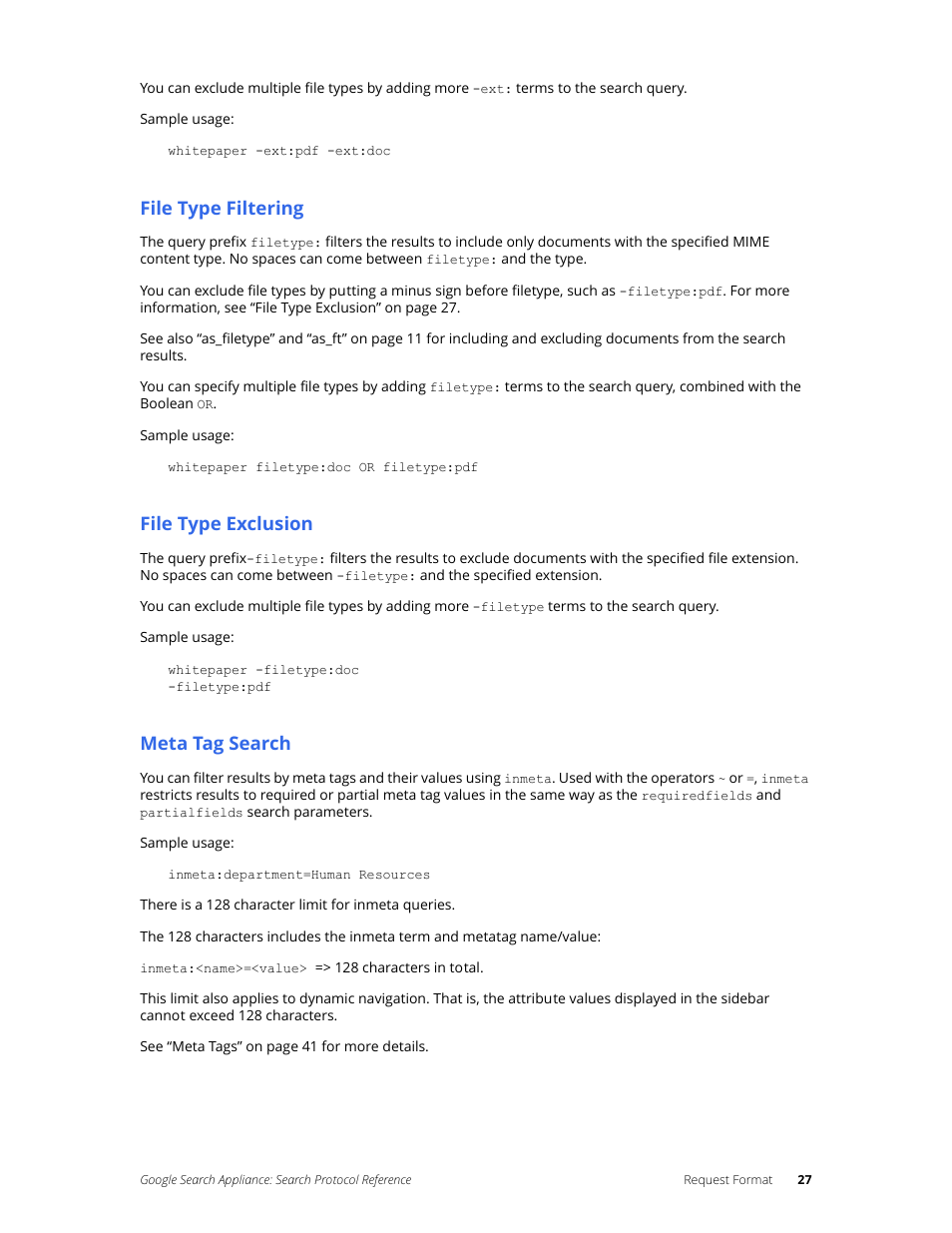 File type filtering, File type exclusion, Meta tag search | Google Search Appliance Protocol Reference User Manual | Page 27 / 116