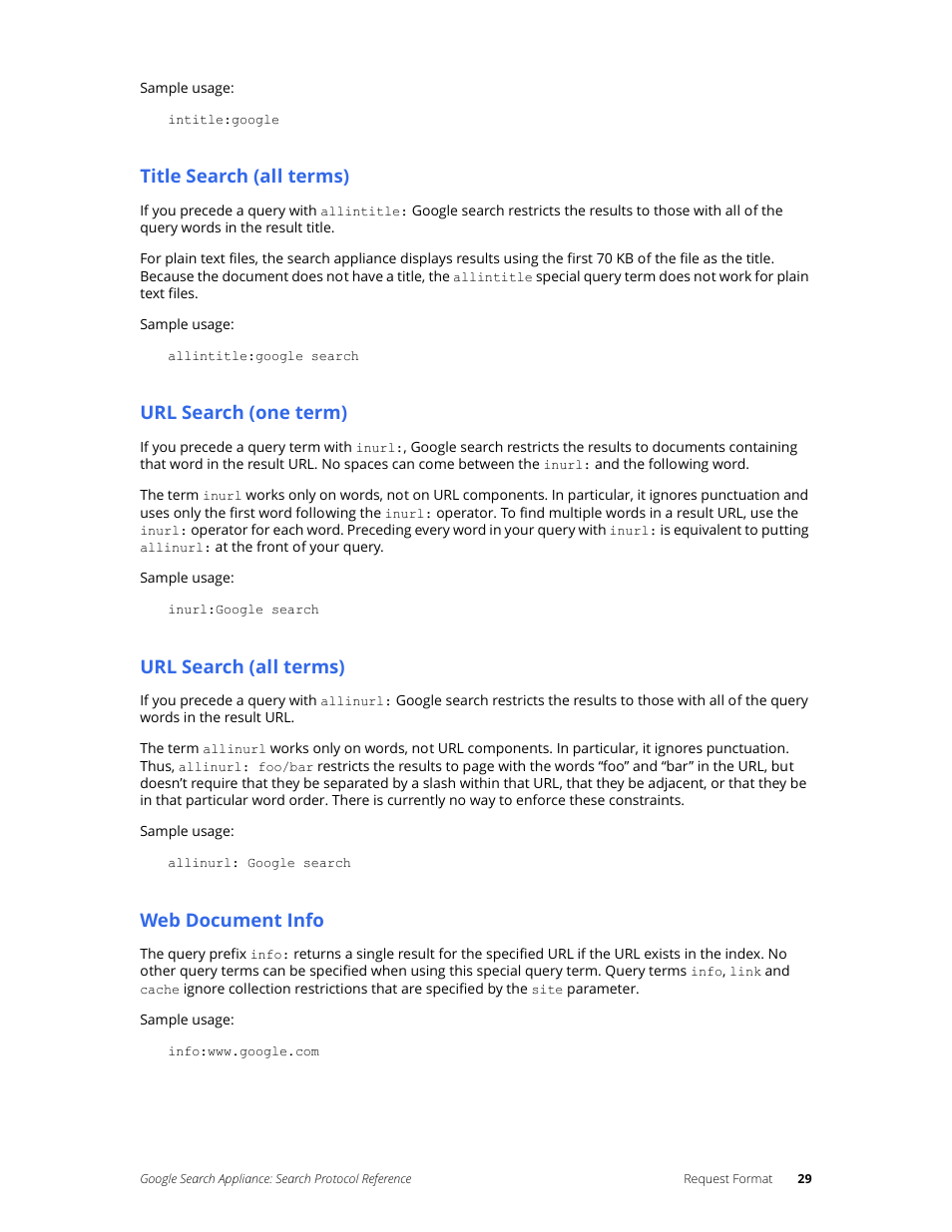 Title search (all terms), Url search (one term), Url search (all terms) | Web document info | Google Search Appliance Protocol Reference User Manual | Page 29 / 116