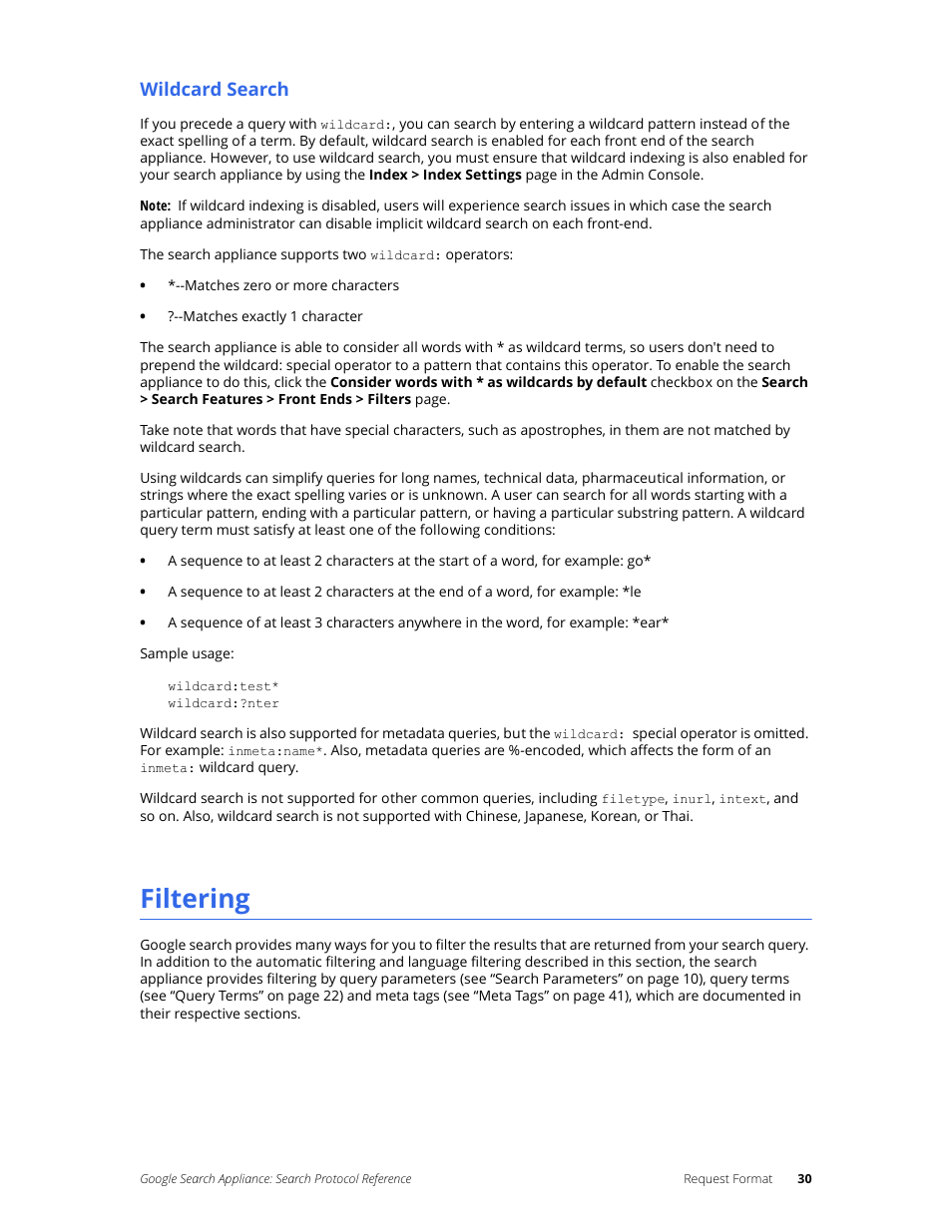 Filtering, Wildcard search | Google Search Appliance Protocol Reference User Manual | Page 30 / 116
