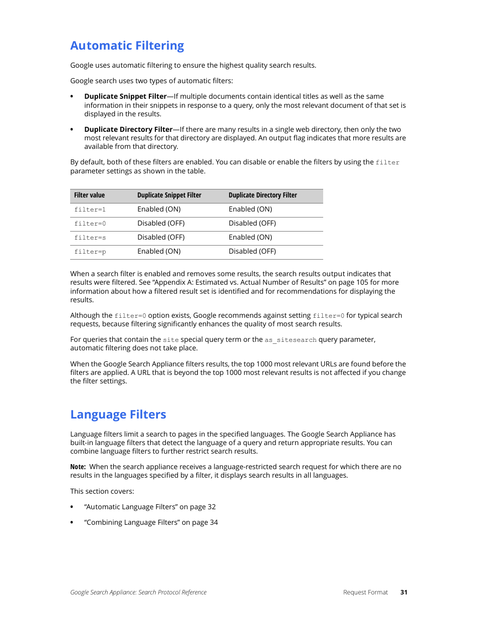 Automatic filtering, Language filters | Google Search Appliance Protocol Reference User Manual | Page 31 / 116