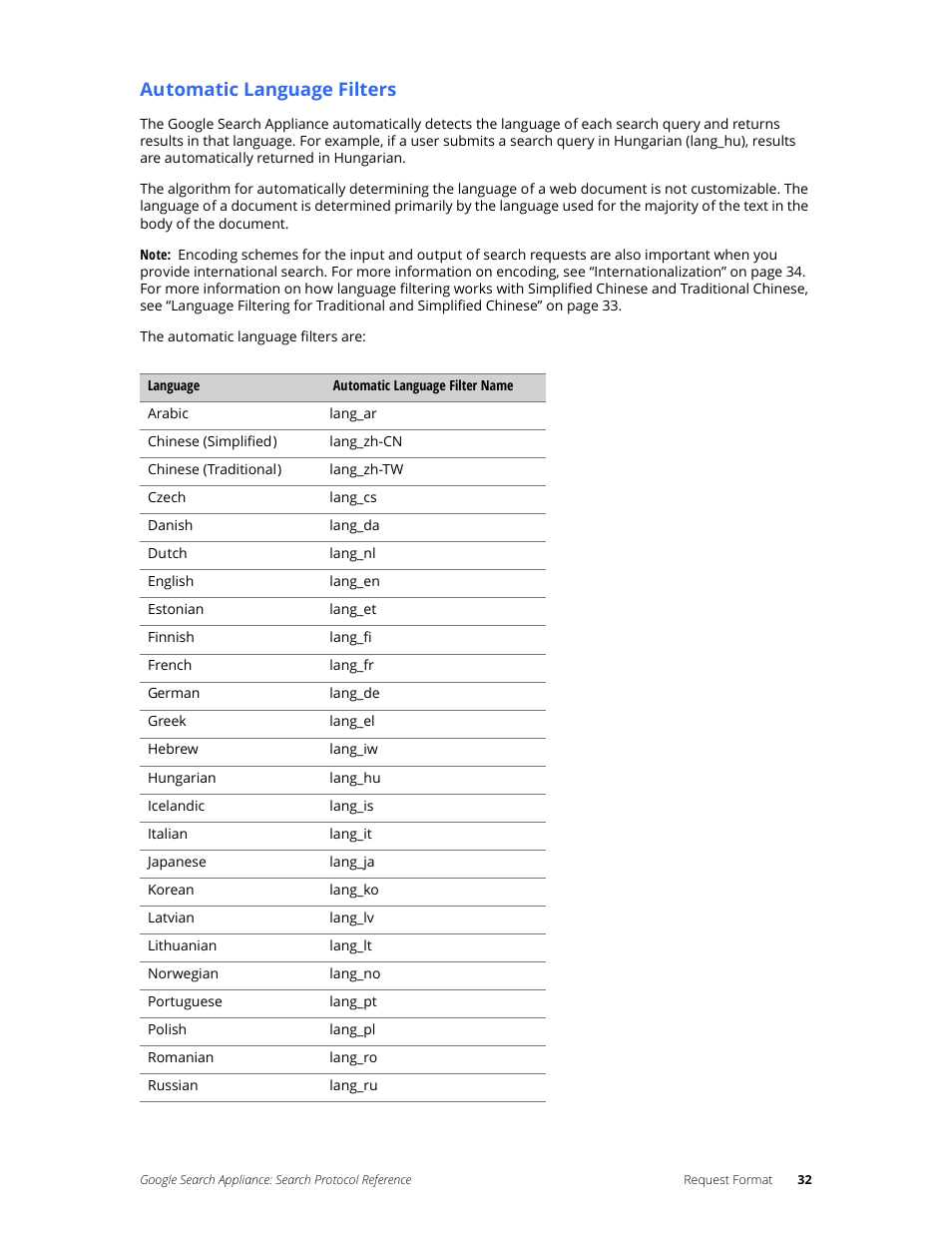 Automatic language filters | Google Search Appliance Protocol Reference User Manual | Page 32 / 116