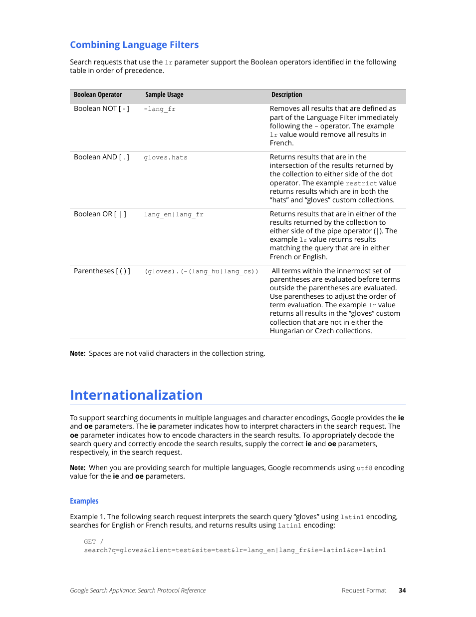 Internationalization, Combining language filters | Google Search Appliance Protocol Reference User Manual | Page 34 / 116