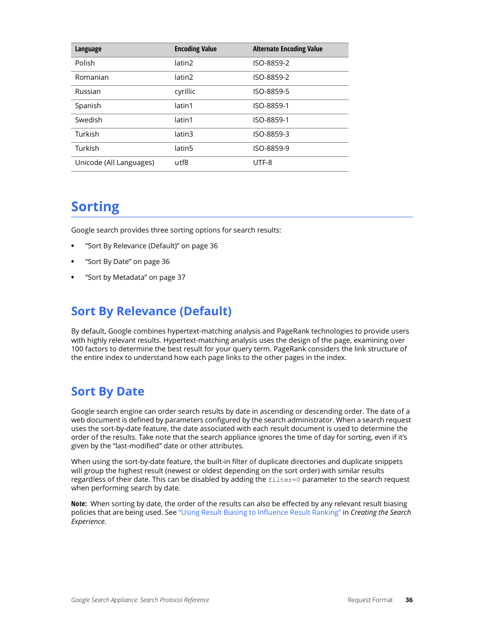 Sorting, Sort by relevance (default), Sort by date | Google Search Appliance Protocol Reference User Manual | Page 36 / 116