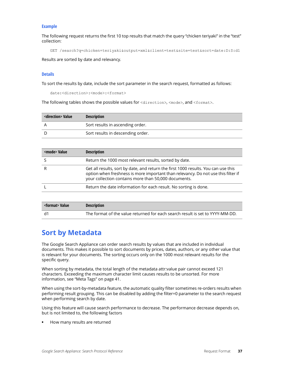 Sort by metadata | Google Search Appliance Protocol Reference User Manual | Page 37 / 116
