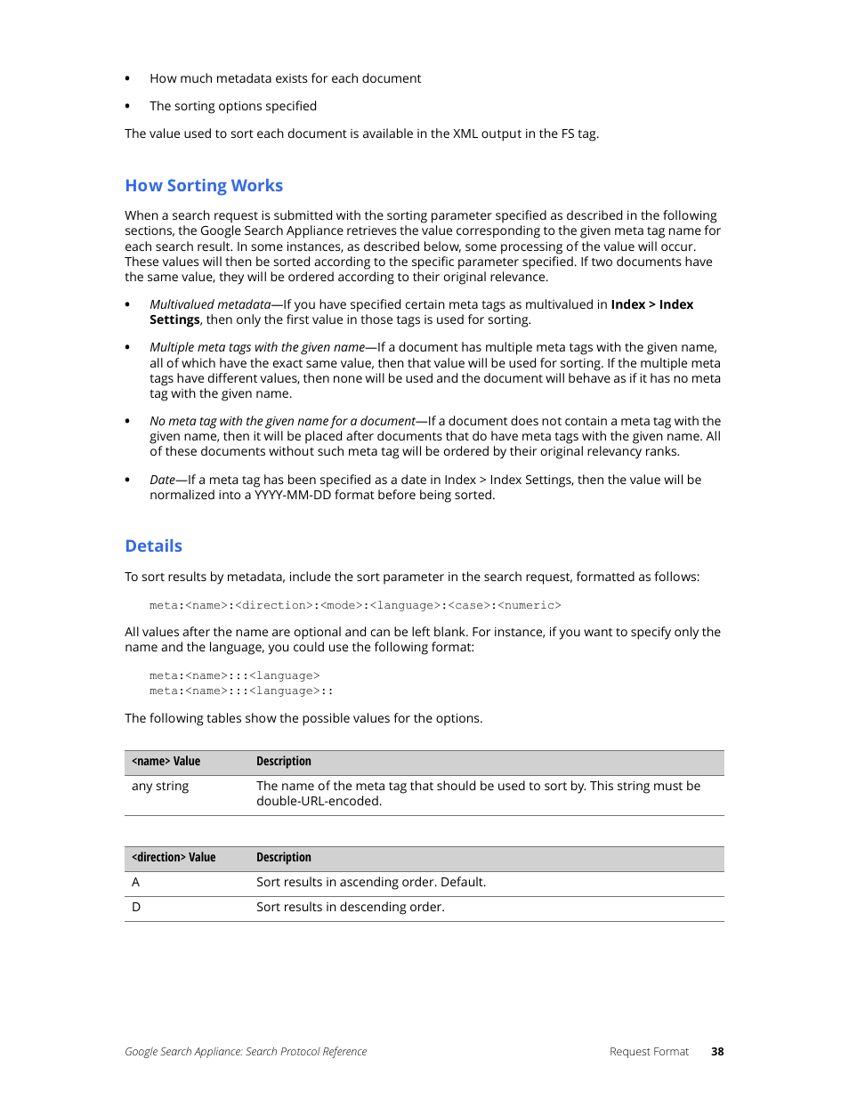 How sorting works, Details | Google Search Appliance Protocol Reference User Manual | Page 38 / 116