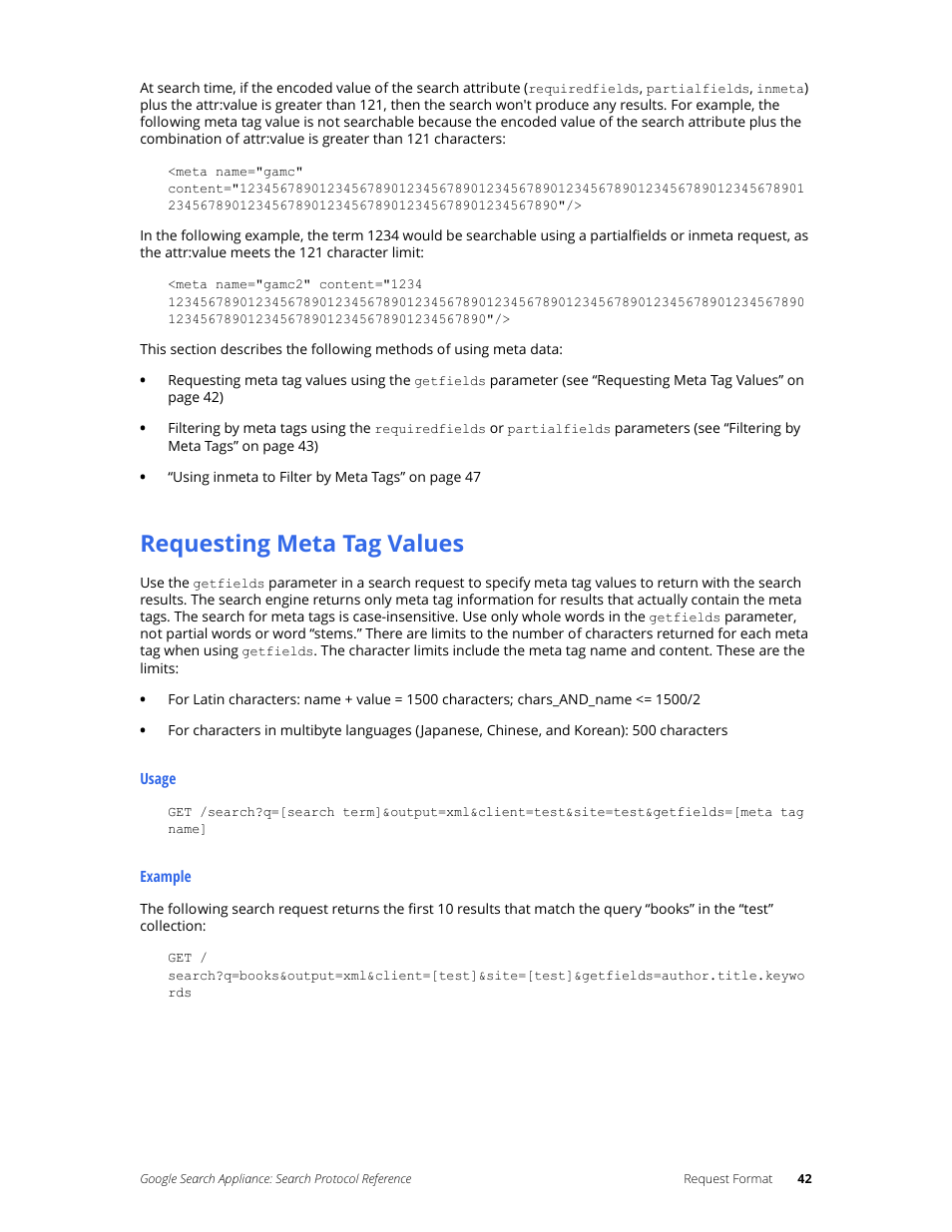 Requesting meta tag values | Google Search Appliance Protocol Reference User Manual | Page 42 / 116