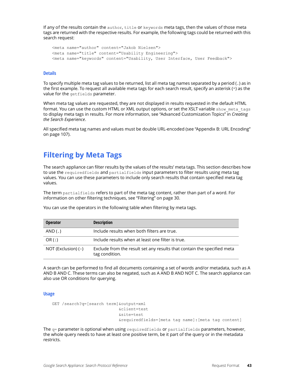 Filtering by meta tags | Google Search Appliance Protocol Reference User Manual | Page 43 / 116
