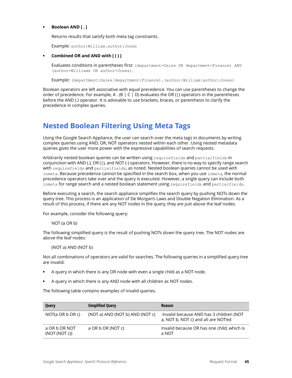 Nested boolean filtering using meta tags | Google Search Appliance Protocol Reference User Manual | Page 45 / 116