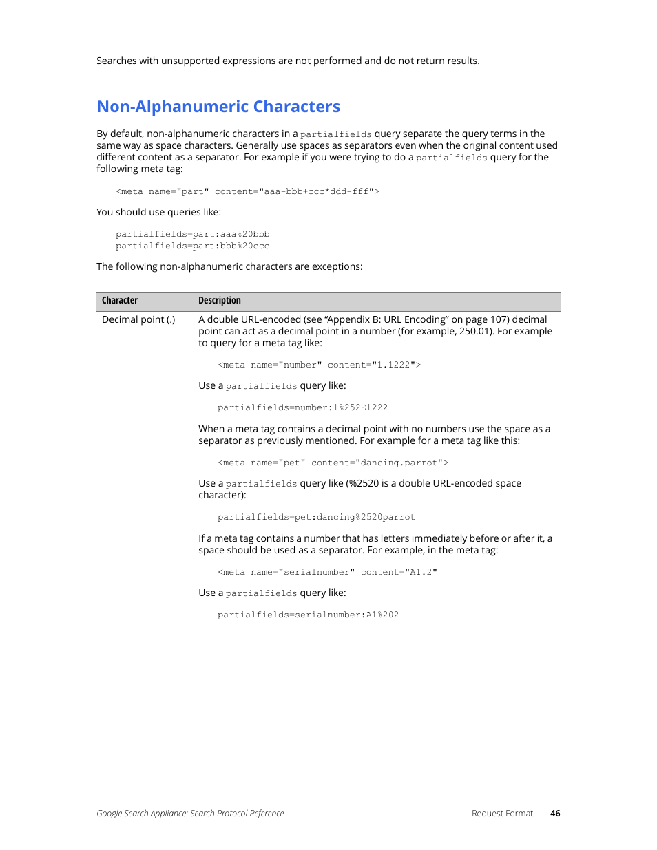 Non-alphanumeric characters | Google Search Appliance Protocol Reference User Manual | Page 46 / 116