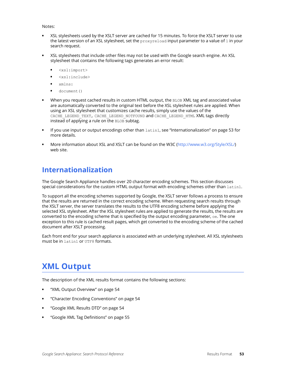 Internationalization, Xml output | Google Search Appliance Protocol Reference User Manual | Page 53 / 116