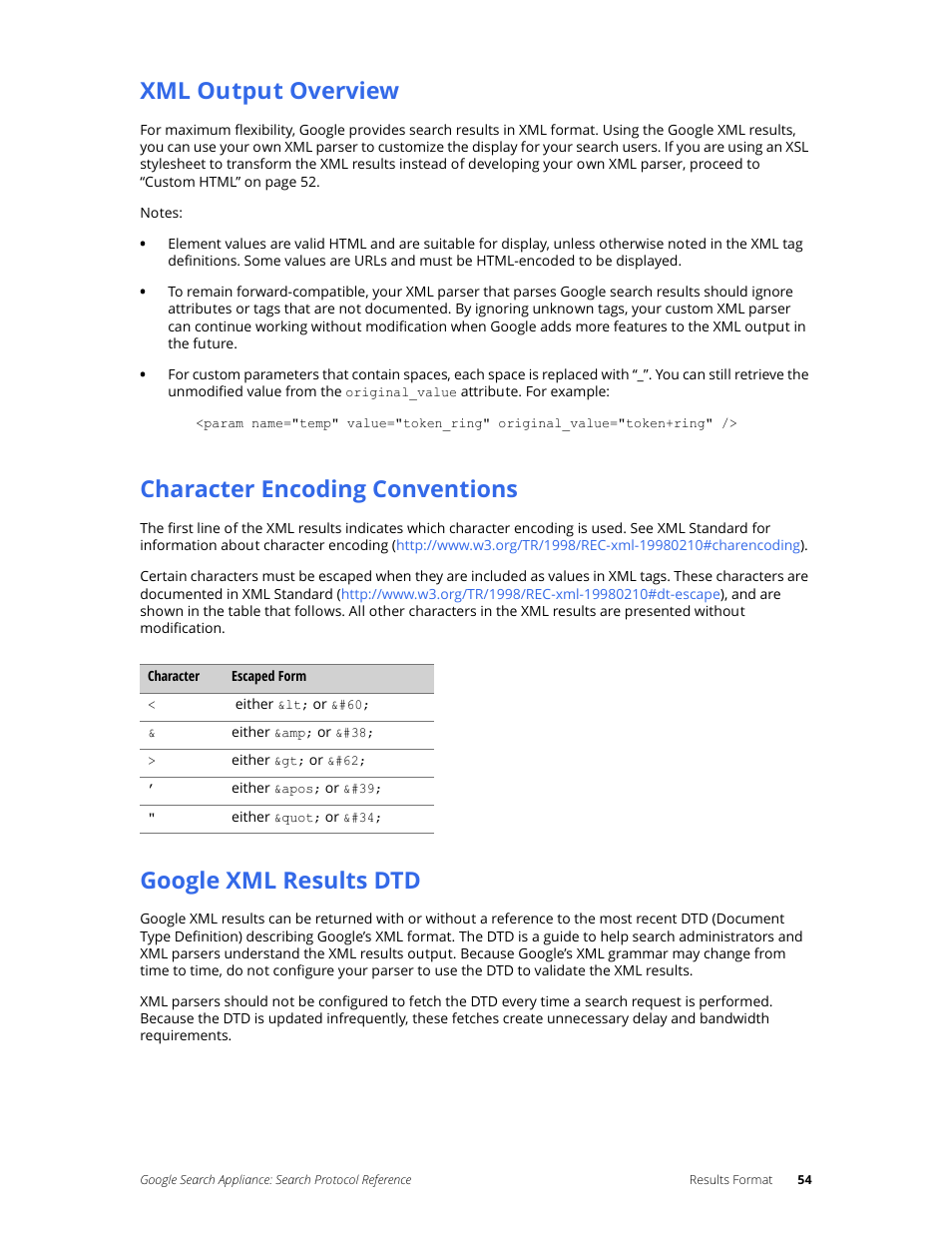 Xml output overview, Character encoding conventions, Google xml results dtd | Google Search Appliance Protocol Reference User Manual | Page 54 / 116