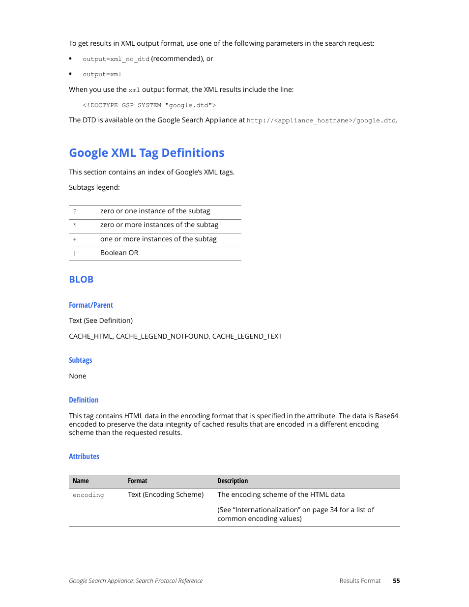 Google xml tag definitions, Blob | Google Search Appliance Protocol Reference User Manual | Page 55 / 116