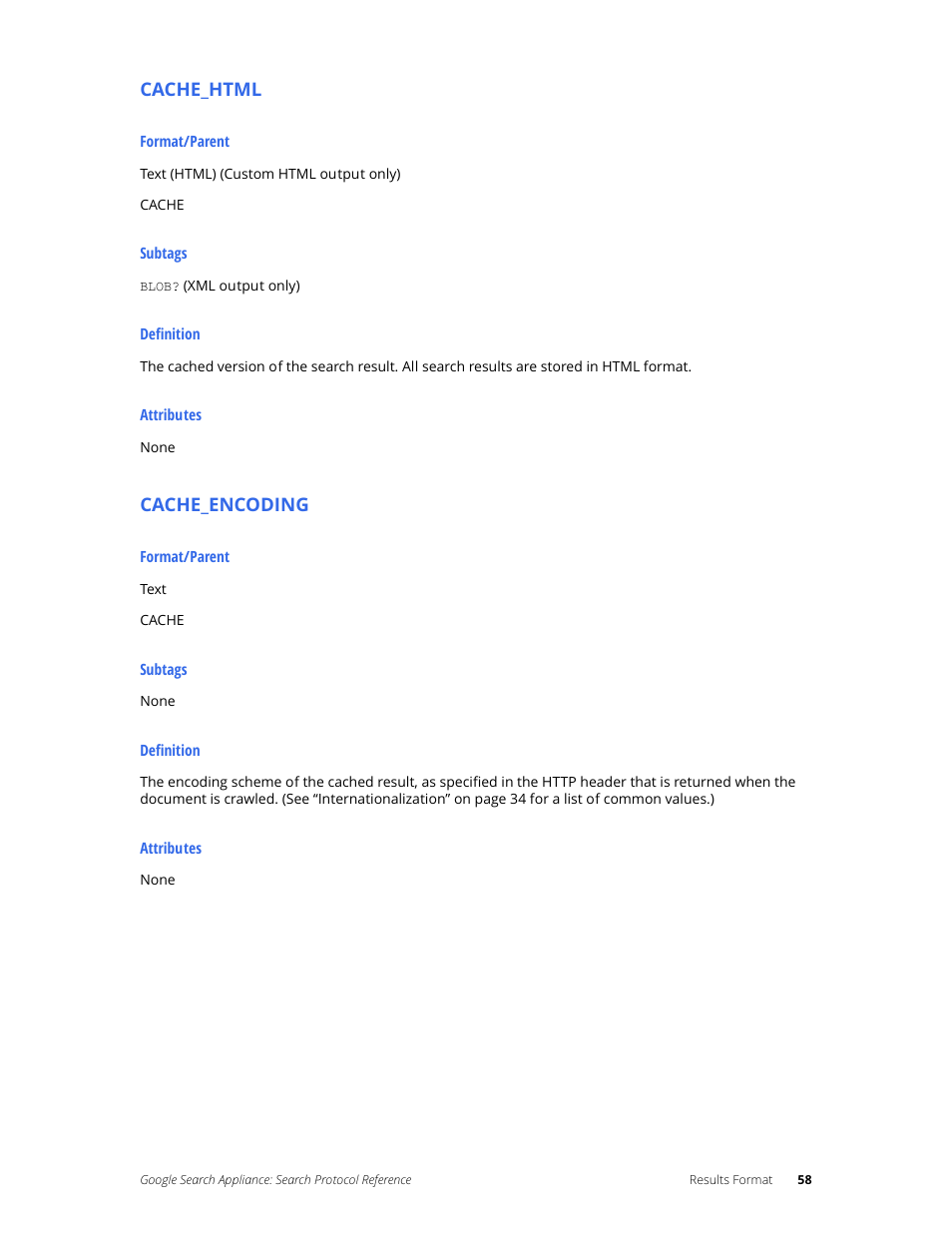 Cache_html, Cache_encoding | Google Search Appliance Protocol Reference User Manual | Page 58 / 116