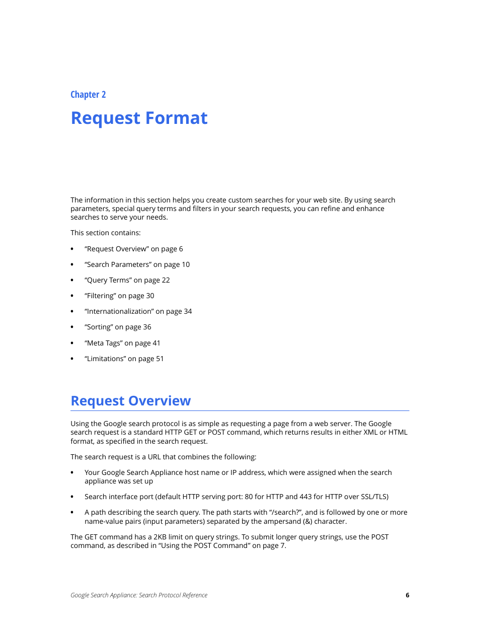 Request format, Request overview, Chapter 2 | Google Search Appliance Protocol Reference User Manual | Page 6 / 116