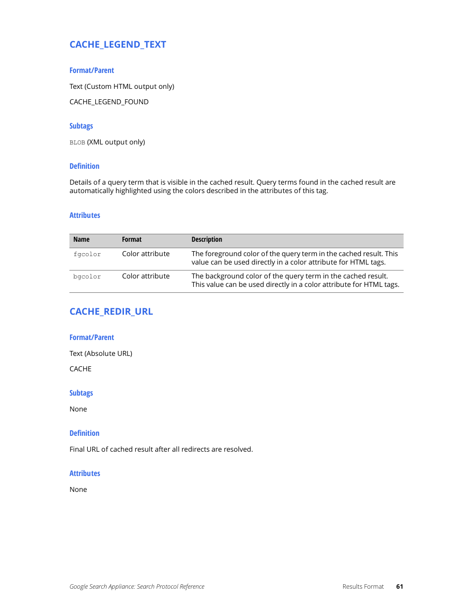 Cache_legend_text, Cache_redir_url | Google Search Appliance Protocol Reference User Manual | Page 61 / 116
