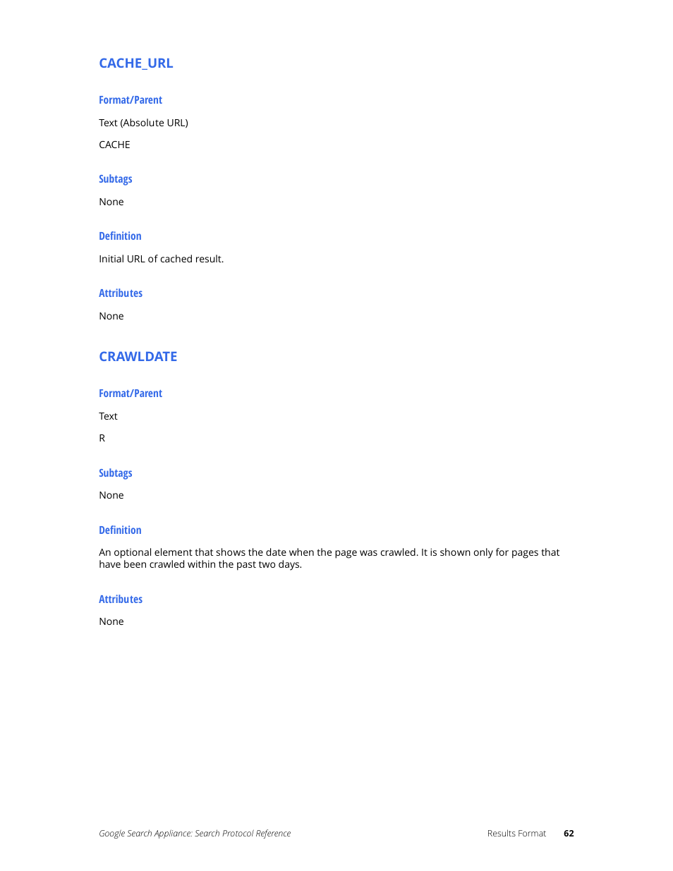 Cache_url, Crawldate | Google Search Appliance Protocol Reference User Manual | Page 62 / 116