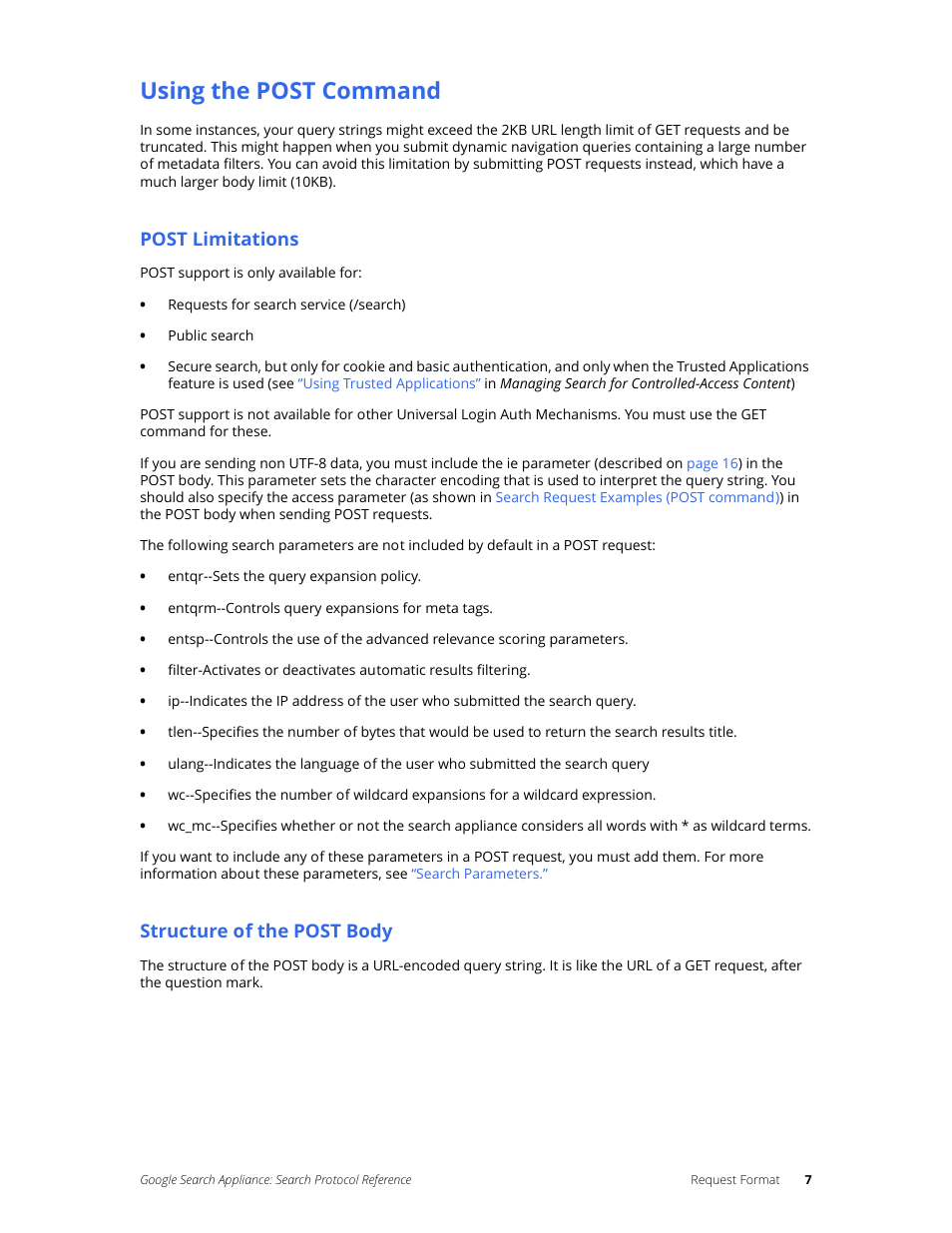 Using the post command, Post limitations, Structure of the post body | Google Search Appliance Protocol Reference User Manual | Page 7 / 116